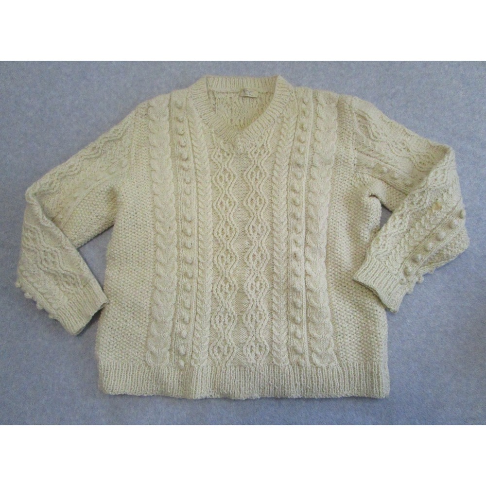 Vintage Cable Knit Sweater Womens XXL‎ Cream Hand Knit Wool Aran Popcorn 80s